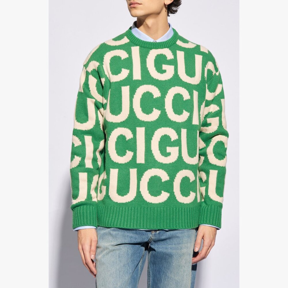 GUCCI SWEATER MENS LOGO INTARSIA WOOL JUMPER CREW NECK sz S SMALL